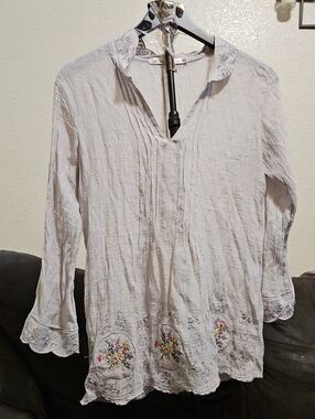 Embroidered Gray V-Neck Women's Blouse